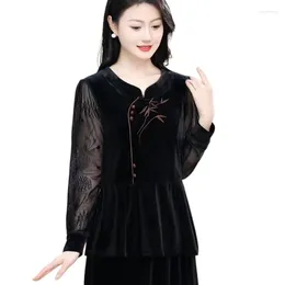 Women's Blouses Black Velvet Top Women Autumn Winter French Design Elegant Office Lady Work Button Shirt Casual Slim Retro Peplum