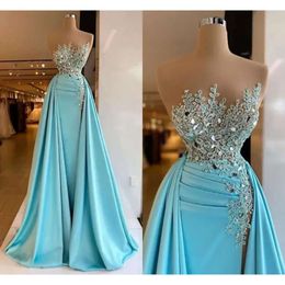 Sleeveless Evening Illusion Dresses Ruched Side Split Lace Beaded Formal Prom Party Gowns Elegant Vestido De Novia BC