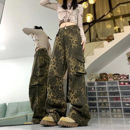 Women's Jeans Hip-hop American Leopard Print Multi-pocket Cargo Pants For Women High-waisted European / Style Retro Loose Casual Jean