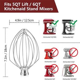 5Q 6Q Wire Whip Attachment for TiltHead Stand Mixer Stainless Steel Egg Cream Stirrer Flour Cake Balloon Whisk 240307