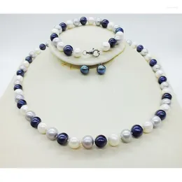 Necklace Earrings Set 9-10MM Black. White. Grey 3 Colour Freshwater Pearl Necklace. Bracelet. Ear Studs. Classic Bridal Wedding