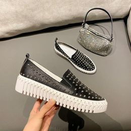 Casual Shoes Black/white Genuine Leather Rivets Platform Woman Round Toe Slip On Loafers Height Increasing Espadrilles Women Moccasins