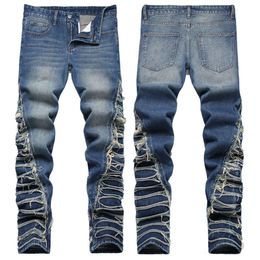 2024 New Street Tide Industria Pesante Lavato Gatto Baffi Bocca Doppio Strato Bordo Capovolto Non Elastico Tubo Dritto Pantaloni In Denim Allentati