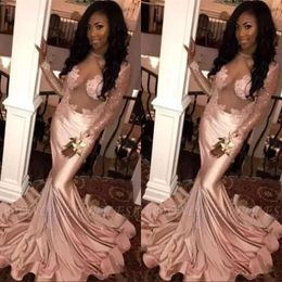 Dusky Satin Pink Mermaid Prom Dresses Illusion Top Sheer Long Sleeves Lace Applique Sweep Train Formal Party Evening Gowns