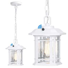 Pendant Lights for Porch with Dusk to Dawn Sensor, Exterior Hanging Lanterns Outdoor, Farmhouse Ceiling Light Fixture, Waterproof Tempered Seed Glass Outdoor