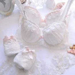 Bras Sets Japanese Water-soluble Embroidery Thin Cup Cute Gathering Sexy Lingerie Bra Set Large Size For Girls