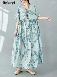 Party Dresses Oversized Bohemian Style Long Dress Floral Print Fashion Casual Loose Ruffle Pleated Ladies Short Sleeve Woman