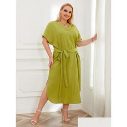 Plus Size Dresses V Cut Out Neck Women Waist Belt Short Sleeves Solid Long Robe Flowy Oversized Side Split Female Outfit Drop Delivery Otisx