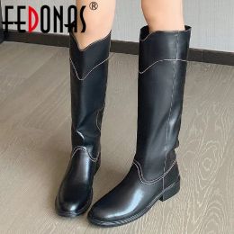 Boots FEDONAS Women Knee High Boots Autumn Winter Popular Fashion Sewing Genuine Leather Long Boots Low Heels Comfortable Shoes Woman