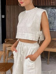 Women's Two Piece Pants Khaki Linen 2 Sets For Women 2024 Lace-Up Crop Tops Elastic Waist Loose Long Suits Female Summer Outfits