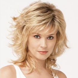 Wigs HAIRJOY Synthetic Hair Short Mixed Blonde Curly Wig with Bangs Wigs for Women