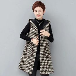 Women's Vests Thick Wool Waistcoat Jacket Women Loose Long Casual Houndstooth 2024 Spring Fall Hooded Vest Female Outwear