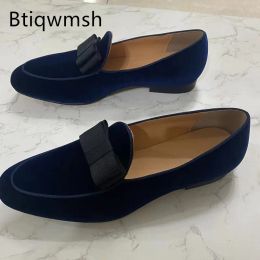 Boots Blue Luxury Velvet Shoes Man Round Toe Butterfly Knot Flat Shoes Male Fashion Party Shoes