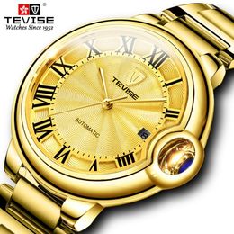 TEVISE Fashion Automatic Mechanical Men Watch Golden Stainlesss steel Male Clock Top Luxury Brand Men Wristwatch262p