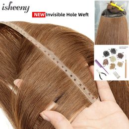 Extensions Invisible Hole Weft Human Hair Extensions 12"24" Double Inject Twin Tab Weft Hair Natural Straight Pull Through Micro Weft Hair