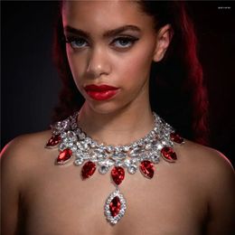 Pendant Necklaces Woman Red Multi Row Rhinestone Water Drop Choker Necklace Collar Jewellery For Girl Luxury Crystal Clavicle Chain