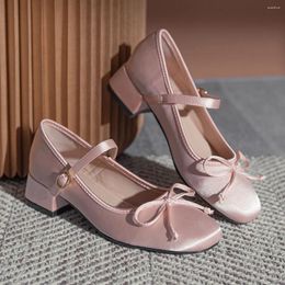 Dress Shoes Elegant Women Ballet Pumps 2024 Summer Lolita Square Toe Bow Mary Jane French Style Designer Ladies High Heels