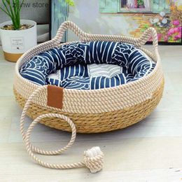 Cat Beds Furniture Summer Cat Bed Weaving Removable Furniture Sleeping Room Cat Scraper Floor Latan Wear resistant and Washable Cat Pet Supplies Y240322