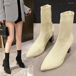 Boots Square Heels Socks Women Big Size 40 Stretch Fabric Elastic Pointed Toe Shoes Ankle Boot Woman