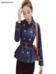 Vintage Style Turndown Collar Denim Jacket Women Ruffle Peplum Top Ladies Spring Autumn Coats Waisted Tunic Jeans Jacket1894181