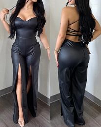 Casual Dresses Sexy Party Club Jumpsuit 2024 Fashion Low Cut Tied Detail Backless Slit Pu Leather Sleeveless Long