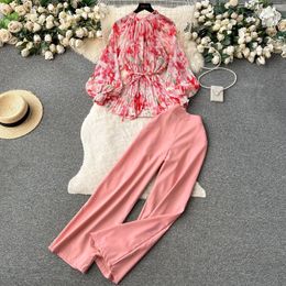 Women's Two Piece Pants Spring Fashion Chiffon Floral Set Women Elegant OL Flower Blouse Wide Leg