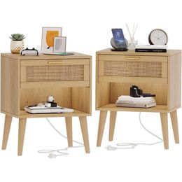 Irontar 2-piece Set Charging Station and Rattan Drawers, Bohemian Style Solid Legs, Unique Bedside Table with Open Storage Space, Suitable for Bedrooms, Natural