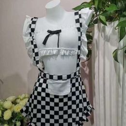 Sexy Lingerie With Wooden Ear Lace, Black And White Plaid, Chubby Maid, Split Back Uniform 136604