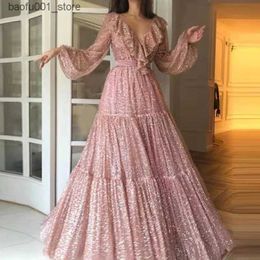 Basic Casual Dresses Fashionable mesh gold-plated long sleeved swaying evening gown with new spring pleated edge patchwork dress for womens pink princess Q240322
