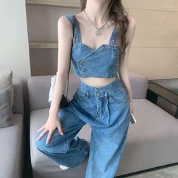 Women's Two Piece Pants Spicy Girl Denim Vest Wide Leg Pieces Set Women Fashion Motorcycle Cool Retro Temperament Solid Collarbone Slim Suit