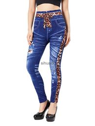 Women's Jeans CUHAKCI High Waist Fake Leopard Bow Print Blue Jagger Elastic Slim Fit Pencil Pants Artificial Denim Sexy Women Exercise Yoga LegsL2403