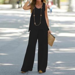 Women's Two Piece Pants Oversize Women 2 Outfits Boho Fashion Casual Sleeveless Top Vest Loose Wide Leg Baggy Solid Colour Trousers