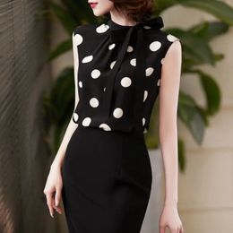 Black Polka Dot Vest Tops Ladies Summer Sleeveless Bow Loose Shirts Temperament Elegant Women Clothing 240322