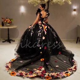 Мексиканские черные платья Quinceanera Charro 2024 с яркими цветами Vestidos De Xv Anos с короткими рукавами и блестками, дебютантка 15 Vestido De Para пятнадцать шестнадцать дней рождения
