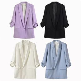 Spring Womens casual and versatile temperament pleated sleeves without buttons solid Colour suit loose jacket 240321