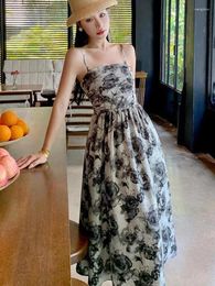 Casual Dresses Sexy Club Women Black Floral Backless Sundress 2024 Summer Elegant Retro Chic Slim Party Vacation Slip Beach Y2k Long Dress