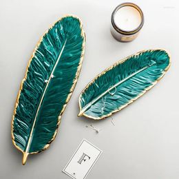 Plates Leaf Shape Shinny Glaze Ceramic Plate Gold Rim Jewelry Dessert Porcelian Dishes Cosmetics Ring Feather Tray