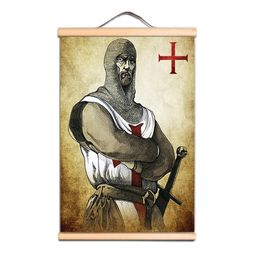 Vintage Medieval Crusader Warrior Solid Wall Hanging Banner - Wood Scroll Painting Wall Art Decoration Wallpaper - Knights Templar Poster Wall Chart CD20