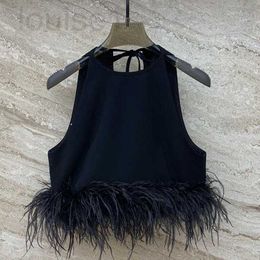 Women's Tanks & Camis Designer Brand Miu Style Black Ostrich Hair Patchwork Vest, Socialite Evening Dress, High-end Top, Delicate and Sexy Suspender Spring JY36
