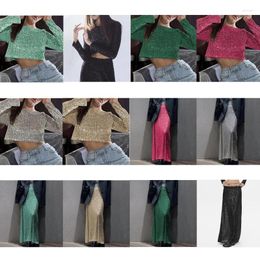 Skirts Women Glitter Sequins Maxi Skirt Long Sleeve Top Elegant Party Club Outfit Dress Dropship