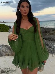 Chic Hollow Out Lantern Sleeve Mini Dres Elegant Solid V Neck Green Mesh korta klänningar Spring Summer Lady Beach Vestidos 240314