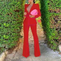Casual Trouser Suits Single Button Notched Lapel Long Sleeve Slim Blazers Coat Flare Pants Formal Party Office Attire Women Red 240315
