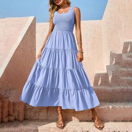 Casual Dresses Fashion Tiered Ruffles Long For Women Vestido 2024 Summer Solid Holiday Beach Dress Smocked Loose Party A-line