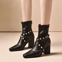 Dress Shoes French Zipper Riveted Ankle Boots 2024 Autumn And Winter British Style Fashion All Pointed Head Thick Heel Women