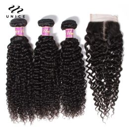 Closure Unice Hair Indian Curly Lace Closure 100% Human Hair 3 Bundles With Closure Natural Colour Remy Hair Weaving Free Shipping