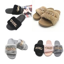 2024 NEW In stock autumn and winter chain flash diamond fluffy slippers indoor and outdoor fluffy flat warm flip-flops Size 36-41