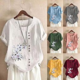 Women's Blouses Cotton And Linen Loose Fit Casual Floral Print Short Long Sleeve Shirts Turtleneck Tee For Women Causal
