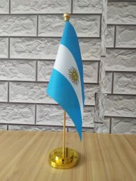 Accessories Argentina Office table desk flag with gold or silver metal flagpole base 14*21cm country flag free shipping NO.0041