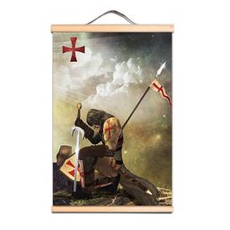 Vintage Knights Templar Wall Art Posters Crusades Armour Warrior Wall Hanging Scroll Painting with Solid Wood Axis Best Gift AB10