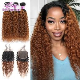 Closure Soft Feel Hair Ombre Brazilian Kinky Curly Weave Human Hair 3/4 Bundles With Closure T1B/30 Ombre Bundles With Closure Remy Hair